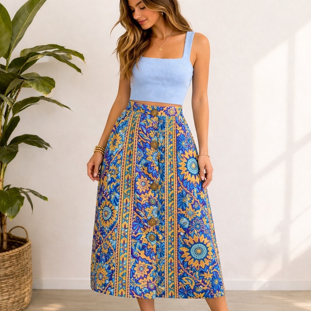 Vintage 70 80 Tapestry Jacquard Button Front Midi Skirt Blue Gold Medallion